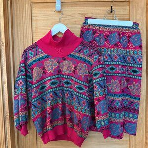 Vintage 80s Funky Colorful Vibrant 2 Piece Coordinating Sweater Skirt Set size S